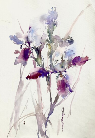 Painting titled "Iris" by Helene Manoli, Original Artwork, Watercolor