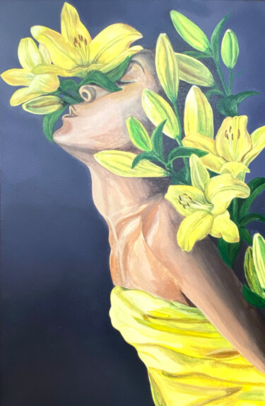 The girl with lilies Malerei mit dem Titel "The girl with lilies" von Yulia Yudina, Original-Kunstwerk, Acryl Auf Keilrahmen aus Holz montiert