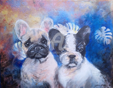 Schilderij getiteld "Deux chiots" door Christine Chaussade, Origineel Kunstwerk, Acryl Gemonteerd op Frame voor houten branc…