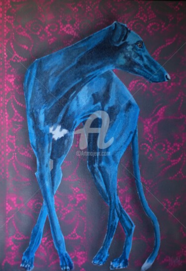 Painting titled "Dentelle & Galgo" by Doval, Original Artwork, Oil Mounted on Wood Stretcher frame