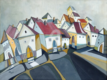 The placid town Painting titled "The placid town" by Aniko Hencz, Original Artwork, Oil Mounted on Wood Stretcher frame