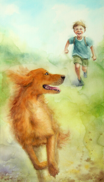 Carefree Childhood - Running with Redheaded Dog 绘画 标题为“Carefree Childhood…” 由Olga Beliaeva, 原创艺术品, 水彩