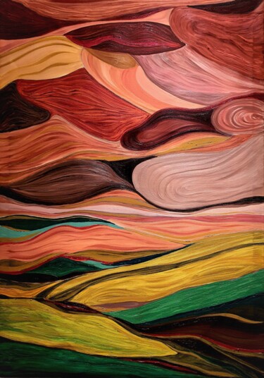 Painting titled "The Desert and rocks" by Omar Yousef Alrashed, Original Artwork, Oil Mounted on Wood Stretcher frame
