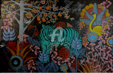 제목이 "Tigre vert en balad…"인 미술작품 Doval로, 원작, 기름 나무 들것 프레임에 장착됨