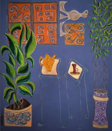 Painting titled "Tea Garden" by Omar Yousef Alrashed, Original Artwork, Acrylic