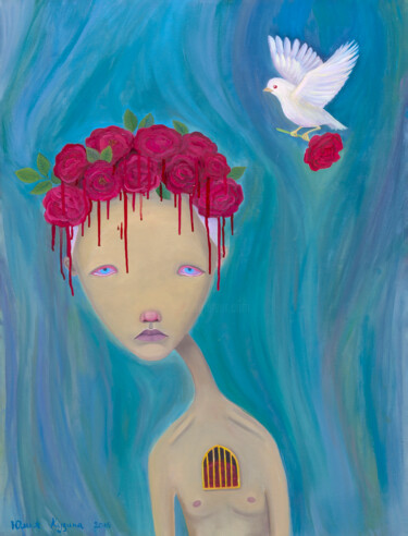 绘画 标题为“Girl with a wreath…” 由Julia Kuzina, 原创艺术品, 油 安装在木质担架架上