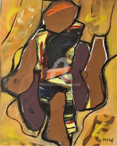 Collages intitulée "Collage sur fond oc…" par Monique Chef, Œuvre d'art originale, Collages