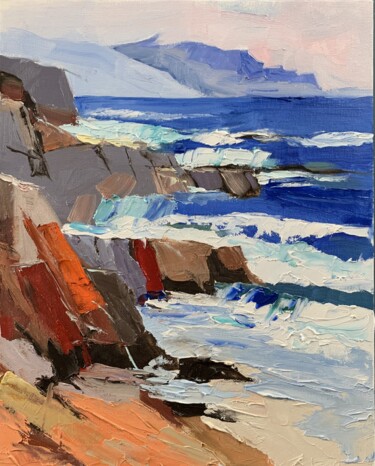 Painting titled "Seascape. Rockes, m…" by Vita Schagen, Original Artwork, Oil Mounted on Cardboard