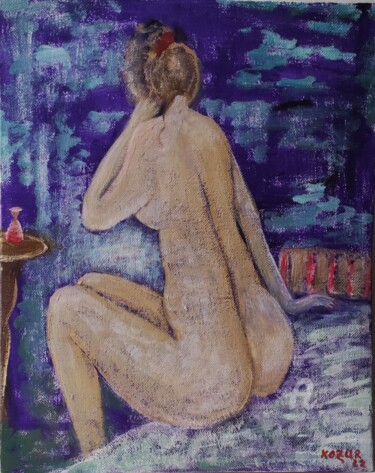 Femme nu avec une bouteille de parfum Painting titled "Femme nu avec une b…" by Kozar, Original Artwork, Oil Mounted on Wood Stretcher frame