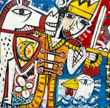 绘画 标题为“Il Galletto e il Re” 由Alessandro Siviglia, 原创艺术品, 丙烯 安装在木质担架架上
