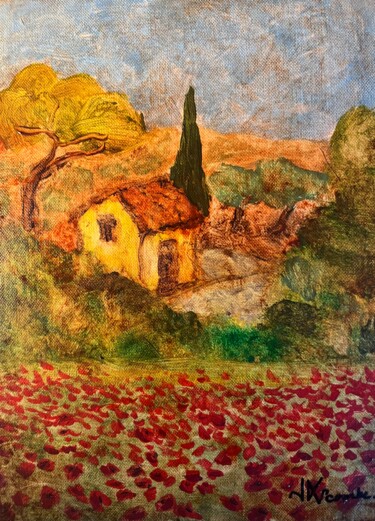 "Cabanon et coquelicots vers Lagnes " Peinture intitulée ""Cabanon et coqueli…" par Jean Xavier Combe, Œuvre d'art originale, Huile Monté sur Châssis en bois