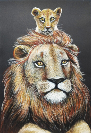 Lion and Cub Oil Pastel Portrait Art animal painting drawing 图画 标题为“Lion and Cub Oil Pa…” 由Nadezhda Kokorina, 原创艺术品, 粉彩