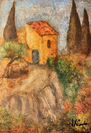 Painting titled ""Cabanon vers Fonta…" by Jean Xavier Combe, Original Artwork, Oil Mounted on Wood Stretcher frame