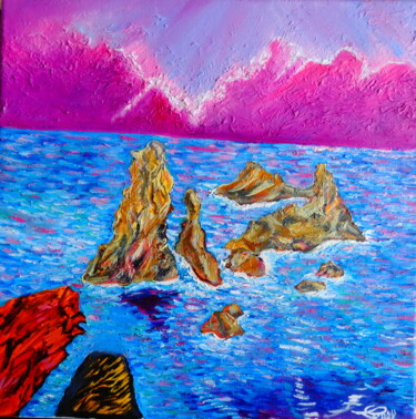 Painting titled "Soleil couchant sur…" by Virginie Le Roy, Original Artwork, Oil Mounted on Wood Stretcher frame