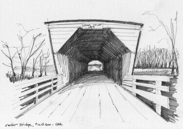 Dibujo titulada "Cedar Bridge, Madis…" por Chelo Leyria, Obra de arte original, Lápiz