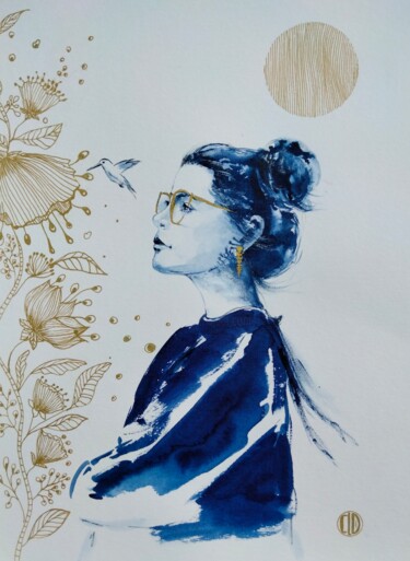 Painting titled "Le colibri" by Claudine Sieurin, Original Artwork, Ink