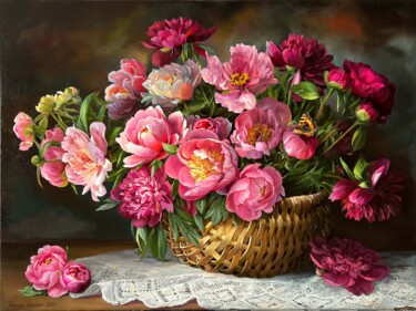 Painting titled "Peonies in the bask…" by Tatjana Cechun, Original Artwork, Oil