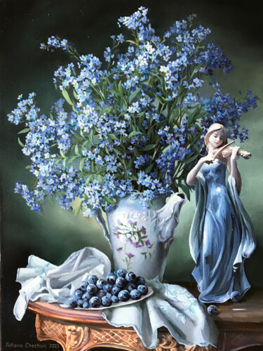 Forget-me-nots and a girl Schilderij getiteld "Forget-me-nots and…" door Tatjana Cechun, Origineel Kunstwerk, Olie
