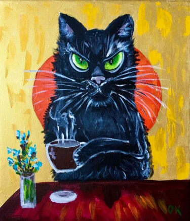 绘画 标题为“Grumpy morning cat.…” 由Olga Koval, 原创艺术品, 丙烯 安装在木质担架架上