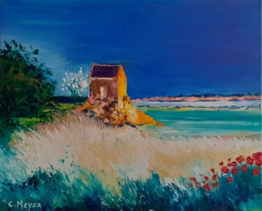 Schilderij getiteld "Maison jaune et coq…" door Catherine Meyza, Origineel Kunstwerk, Olie Gemonteerd op Frame voor houten b…