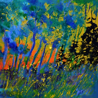 Schilderij getiteld "Sunset in the wood" door Pol Ledent, Origineel Kunstwerk, Olie Gemonteerd op Frame voor houten brancard