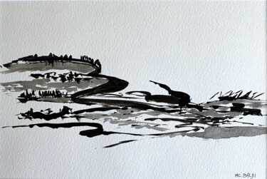 Dessin intitulée "23-07-15   ENCRE" par Marie-Claude Baldi, Œuvre d'art originale, Encre Monté sur Panneau de bois