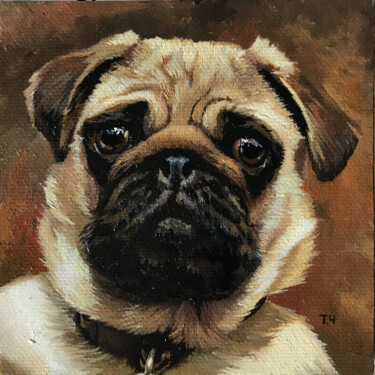 Peinture intitulée "Miniature "Pug"" par Tatjana Cechun, Œuvre d'art originale, Huile
