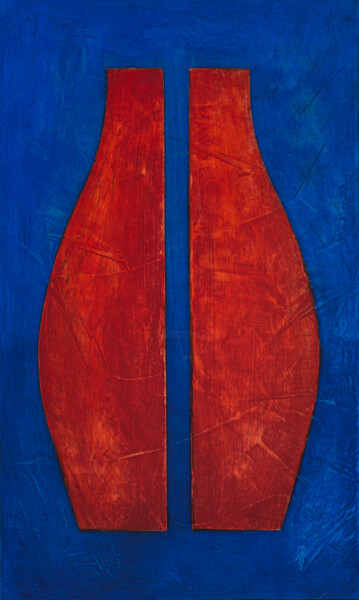 Malerei mit dem Titel "Rote Figur auf blau…" von Marc René Geiser (slvrlane), Original-Kunstwerk, Pigmente
