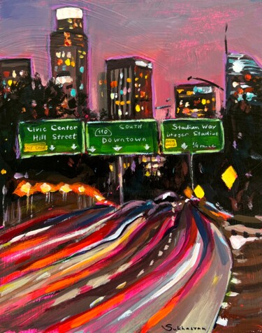 Los Angeles Freeway at Night Pittura intitolato "Los Angeles Freeway…" da Victoria Sukhasyan, Opera d'arte originale, Acrilico