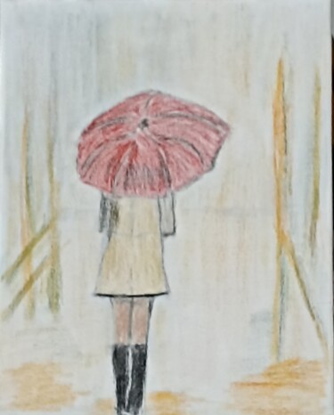 Ζωγραφική με τίτλο "Sous la pluie" από Gerard Pompee, Αυθεντικά έργα τέχνης, Παστέλ Τοποθετήθηκε στο Ξύλινο φορείο σκελετό