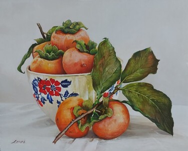 Still Life in a Persimmon Painted Floral Bowl Painting 绘画 标题为“Still Life in a Per…” 由Lenard Kocsis, 原创艺术品, 油