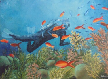 Schilderij getiteld "DIVER" door Liubov Aristova, Origineel Kunstwerk, Olie