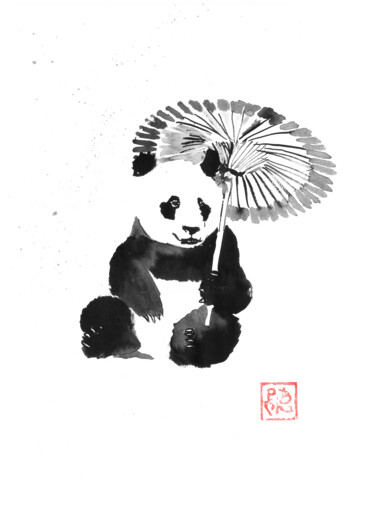 图画 标题为“pnda under the rain” 由Péchane, 原创艺术品, 水彩
