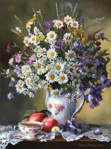Still life with daisies and wild flowers Peinture intitulée "Still life with dai…" par Tatjana Cechun, Œuvre d'art originale, Huile