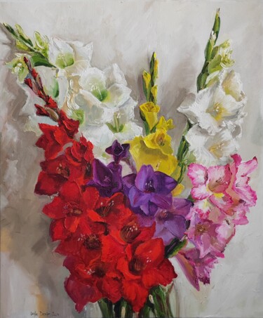 Painting titled "Gladiolus Large ori…" by Leyla Demir, Original Artwork, Oil Mounted on Wood Stretcher frame