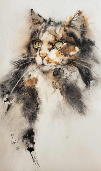 Chat pensif 绘画 标题为“Chat pensif” 由Muriel Mougeolle, 原创艺术品, 水彩
