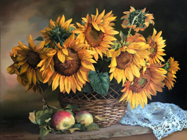 Sunflowers in a basket Painting titled "Sunflowers in a bas…" by Tatjana Cechun, Original Artwork, Oil