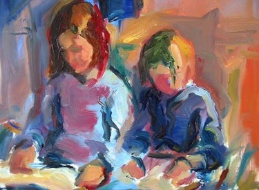 Peinture intitulée "Deux petites filles" par Karine Lemoine, Œuvre d'art originale