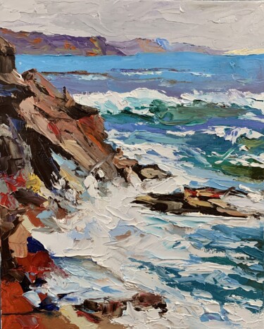 Painting titled "Seascape. Rockes, m…" by Vita Schagen, Original Artwork, Oil Mounted on Cardboard