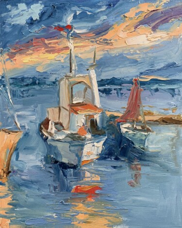 Seascape with a boat. Yacht, waves. 绘画 标题为“Seascape with a boa…” 由Vita Schagen, 原创艺术品, 油 安装在纸板上