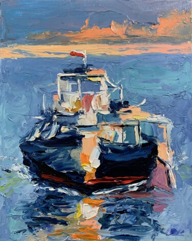 绘画 标题为“Seascape with a boa…” 由Vita Schagen, 原创艺术品, 油 安装在纸板上
