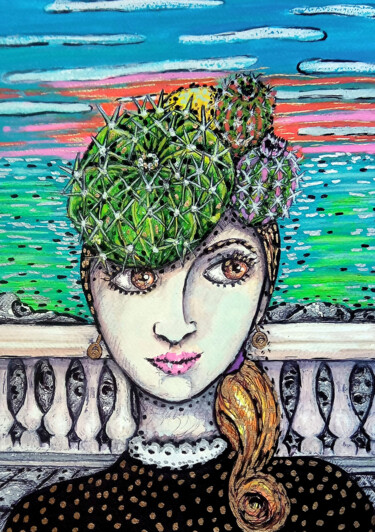 图画 标题为“Coiffée de 3 cactus” 由Karine Garelli (Reds Robin), 原创艺术品, 水粉