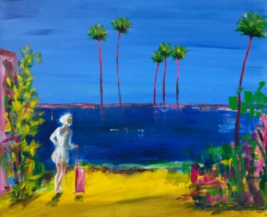 Painting titled "La fille à la valis…" by Nathalie Joulin, Original Artwork, Acrylic Mounted on Wood Stretcher frame