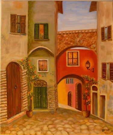 绘画 标题为“Italian small town” 由Erzsebet Barna, 原创艺术品, 油 安装在木质担架架上