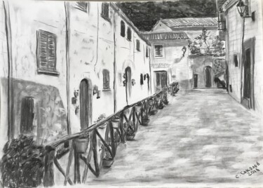 Disegno intitolato "Улица в Вальдемоса" da Sergei Sokolov, Opera d'arte originale, Carbone