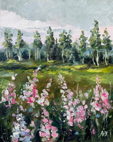 Tranquil Meadows - bluebonnet, wildflowers, birch tree Schilderij getiteld "Tranquil Meadows -…" door Alexandra Jagoda, Origineel Kunstwerk, Olie Gemonteerd op Frame voor houten b…