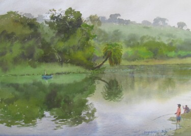 Lakeside in Monsoon Malerei mit dem Titel "Lakeside in Monsoon" von Bhargavkumar Kulkarni, Original-Kunstwerk, Aquarell