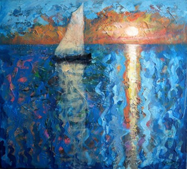 Yacht, Sea and Sunset Painting titled "Yacht, Sea and Suns…" by Rakhmet Redzhepov, Original Artwork, Acrylic Mounted on Wood Stretcher frame