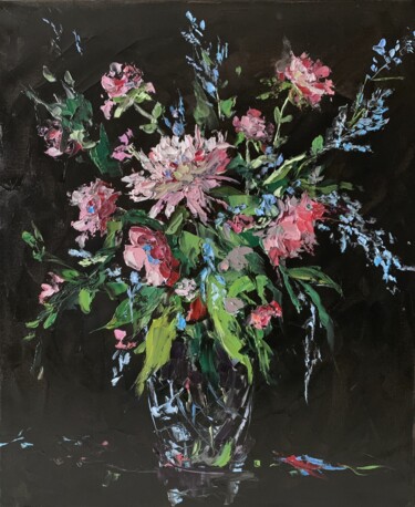 Abstract Tender flowers on black. Painting titled "Abstract Tender flo…" by Vita Schagen, Original Artwork, Oil Mounted on Wood Stretcher frame