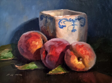 Peinture intitulée "3 Pêches et Vase" par Pascal Giroud, Œuvre d'art originale, Huile